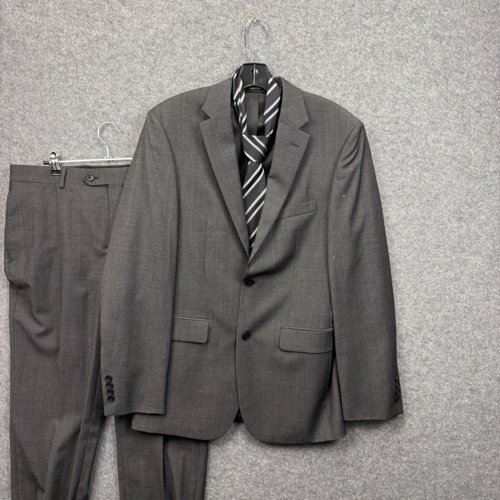Awearness Kenneth Cole Mens 38L 34W Slim Fit Grey Herringbone Suit & Silk Tie